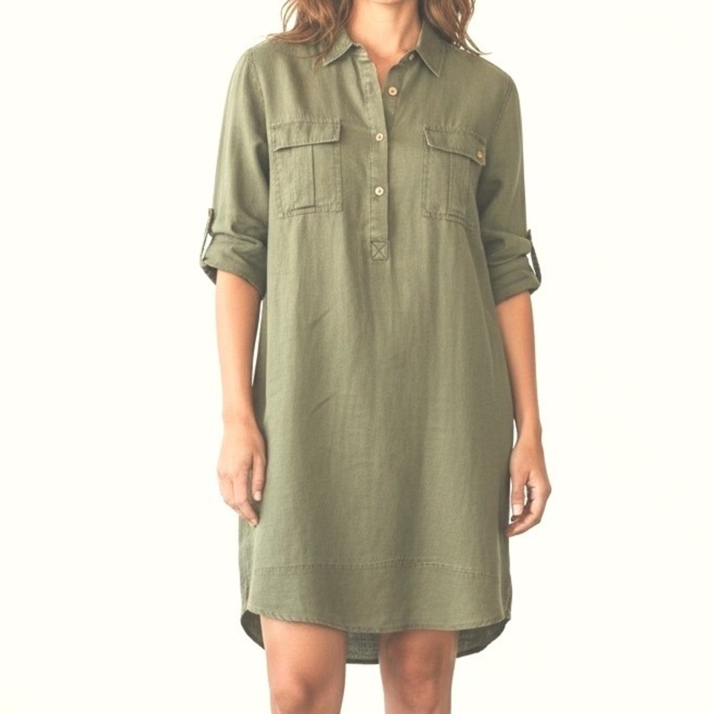 Olive Green Linen Shirt Dress Roll Tab Sleeve Utility Women's S Tommy Bahama